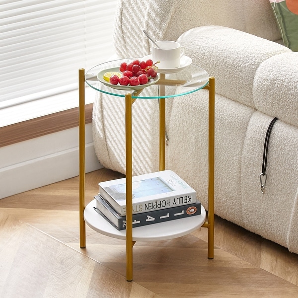 2-layer End Table with Tempered Glass and Marble Tabletop