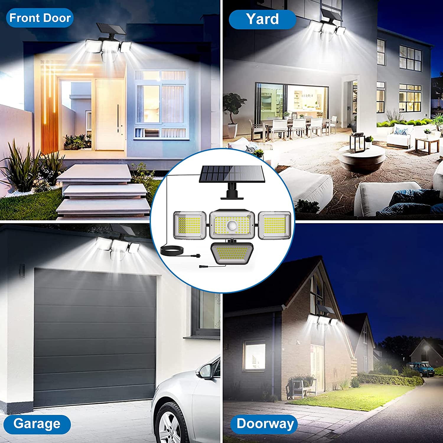 Super Bright Solar Motion Sensor Outdoor Lights Separate Solar Panel IP65 Waterproof 278 LED Beads PIR Security Flood Lights/3 Modes Remote Control/4 Heads 270° Wide Angle (2 Pack)