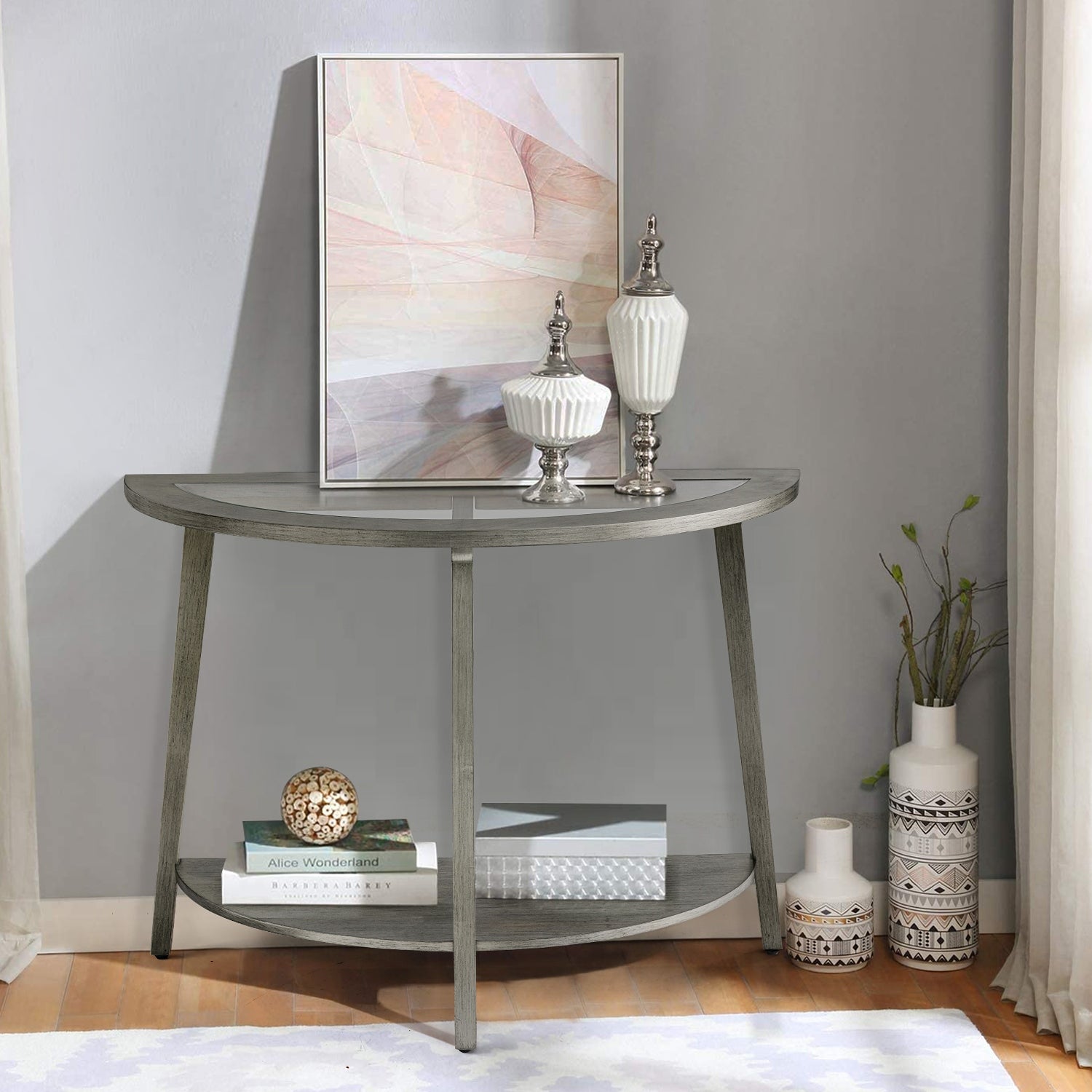 COSIEST Silver Console Sofa Table with Glass Top