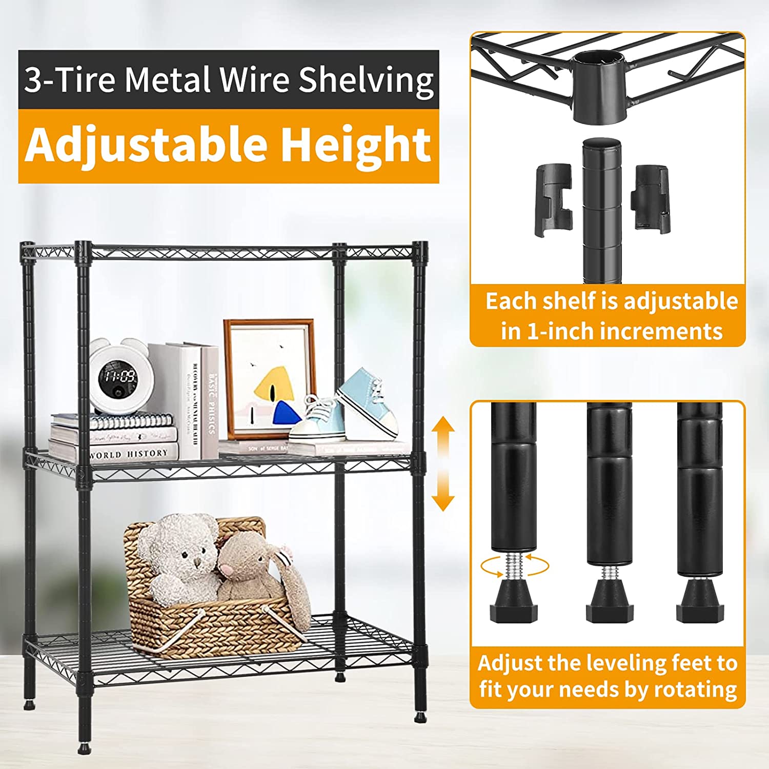 NiamVelo 3-Tier Wire Shelving Unit, NSF Adjustable Metal Storage Shelves 450 lbs Capacity for Small Places, Black