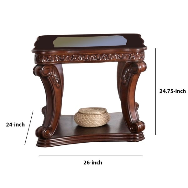 Traditional End Table with Cabriole Legs and Wooden Carving， Brown