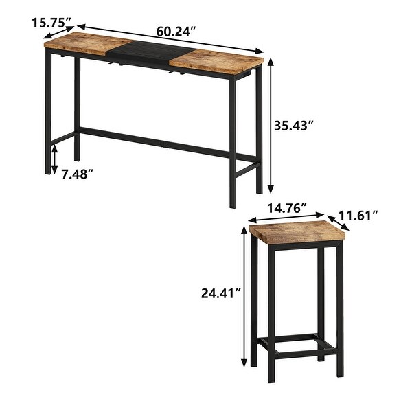 4 Pcs Kitchen Dining Table Set with 1 Table and 3 Stools，Hanging Stool Design，60.24