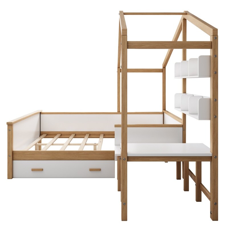 2 Pieces Bedroom Sets Full Size Wooden House Bed with Desk and 6 Drawer Chest  Platform Bed w/ Drawer and Shelves for Kids' Room