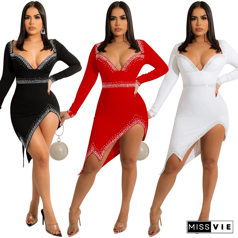 Hot Rhinestone V-neck Long Sleeve Slit Irregular Dress