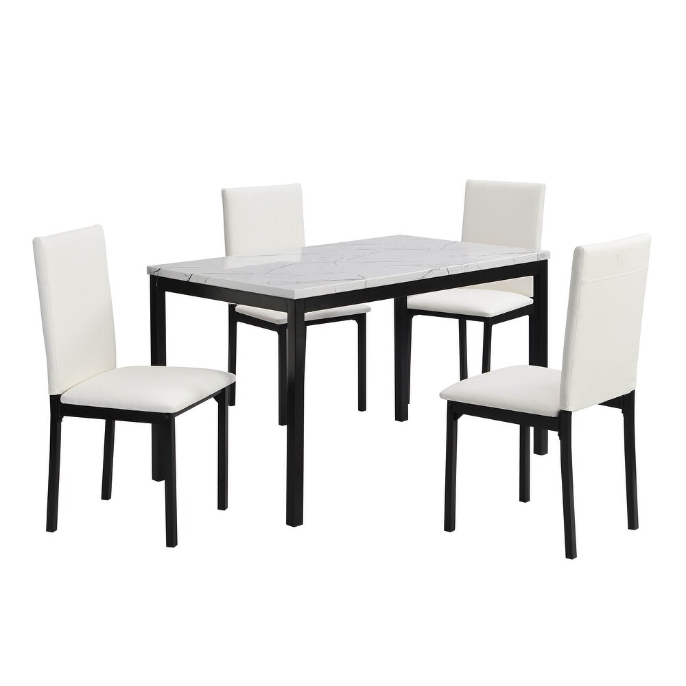 5pc Dining Set  Faux Marble Top Table and 4x Side Chais  Metal Frame Dining Furniture