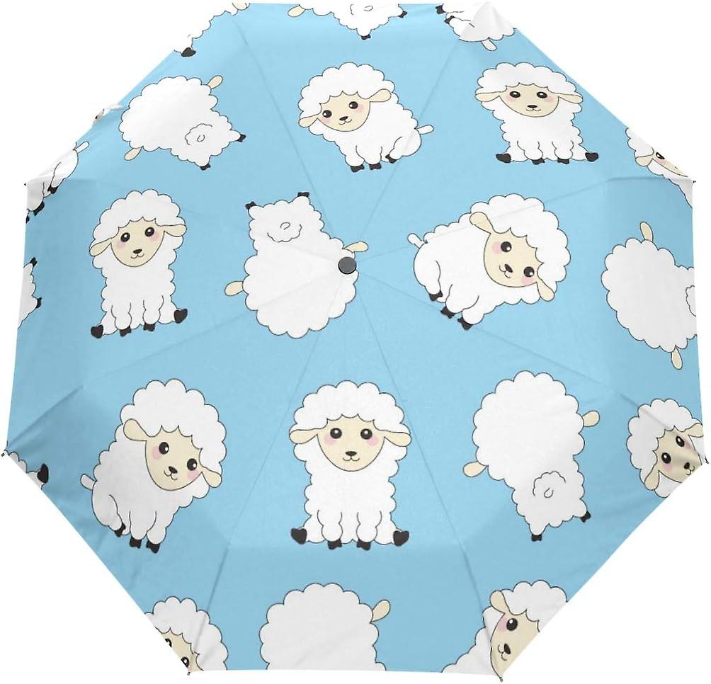 Travel Umbrella Automatic Windproof Foldable Umbrella Funny Sheep On Blue