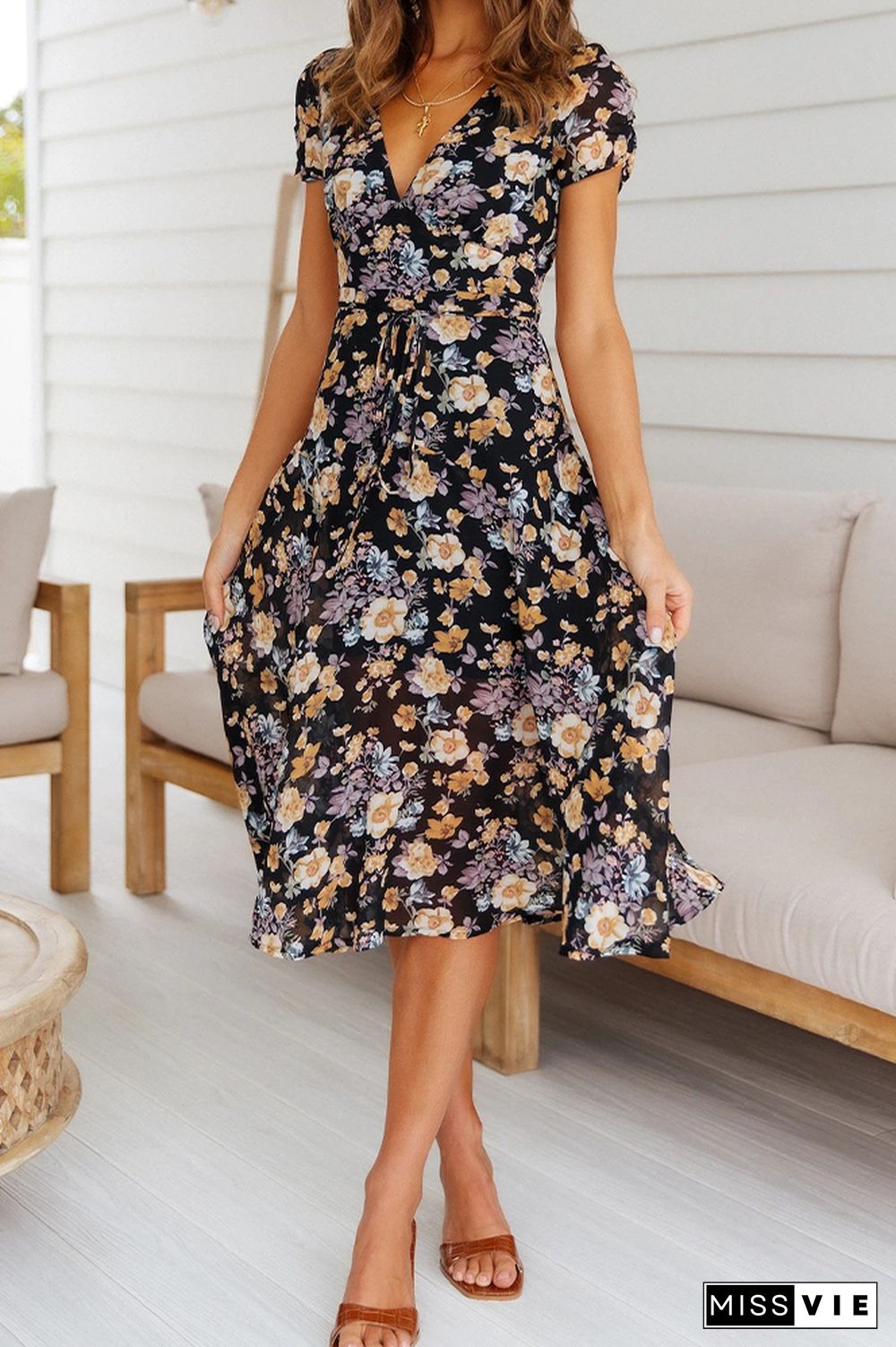 V Neck Short Sleeve Waist Tie Floral Dress