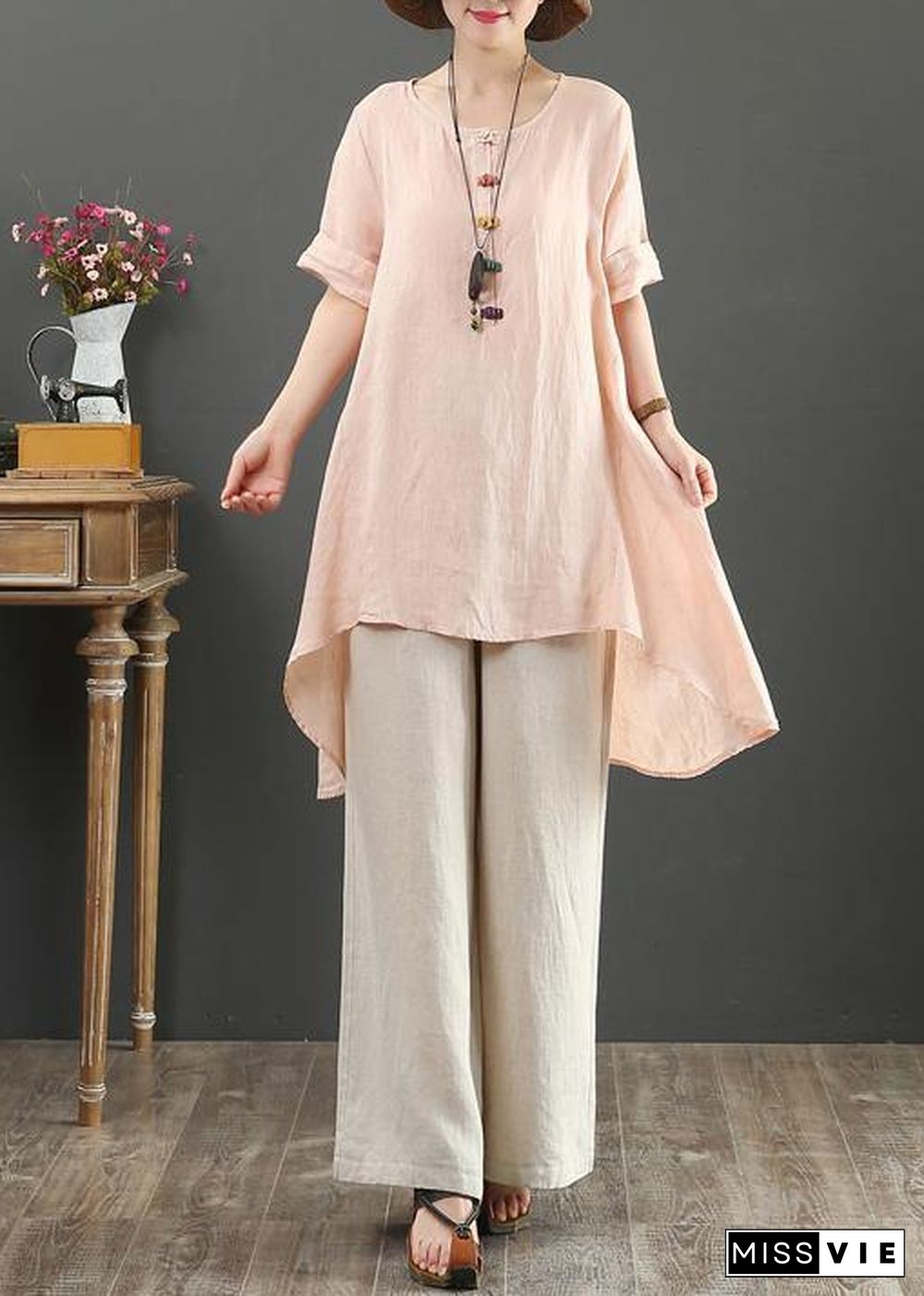 Loose o neck asymmetric linen summer linen tops women pattern pink shirts