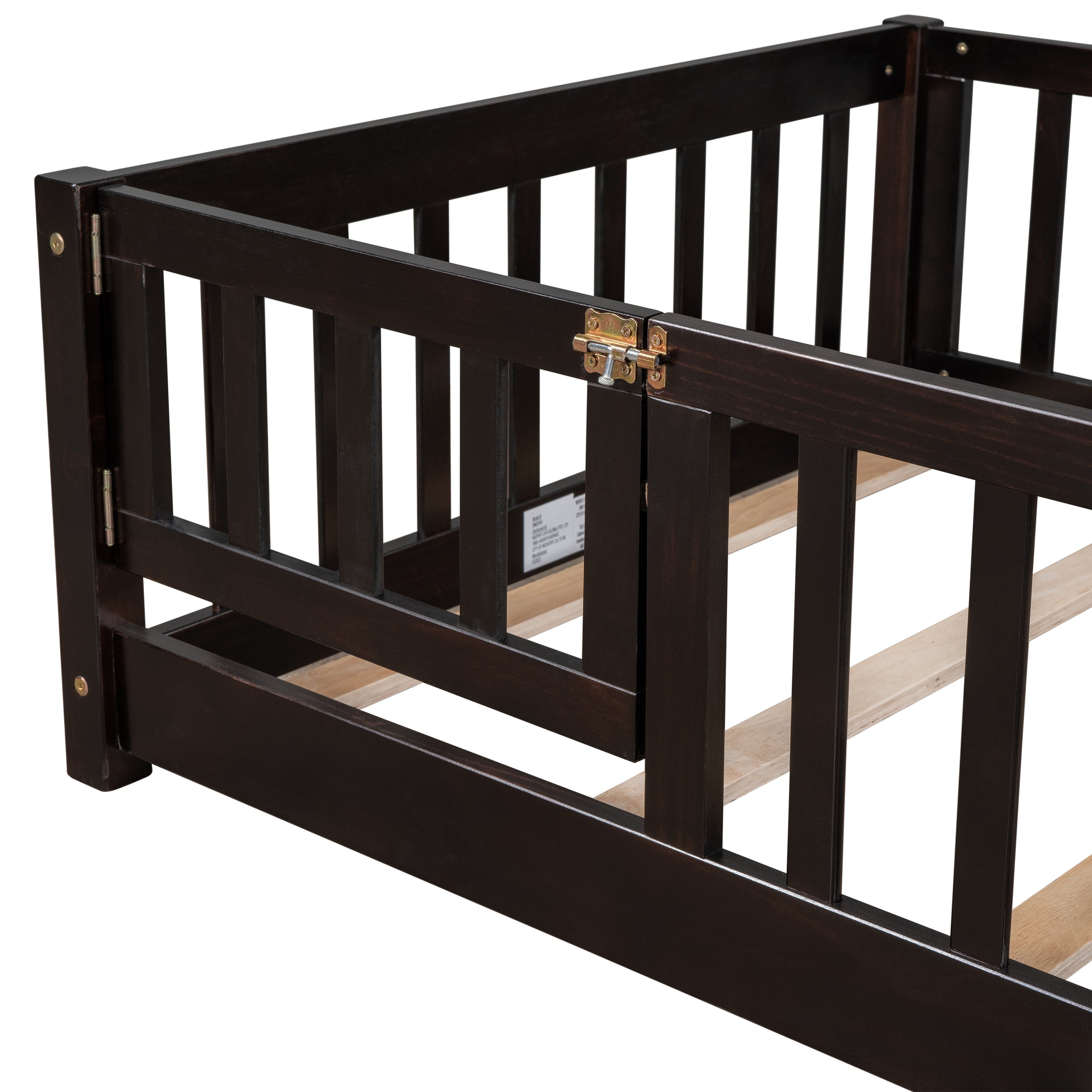 uhomepro Twin Size Wood Floor Bed Frame with Fence and Door for Kids, Toddlers, Espresso