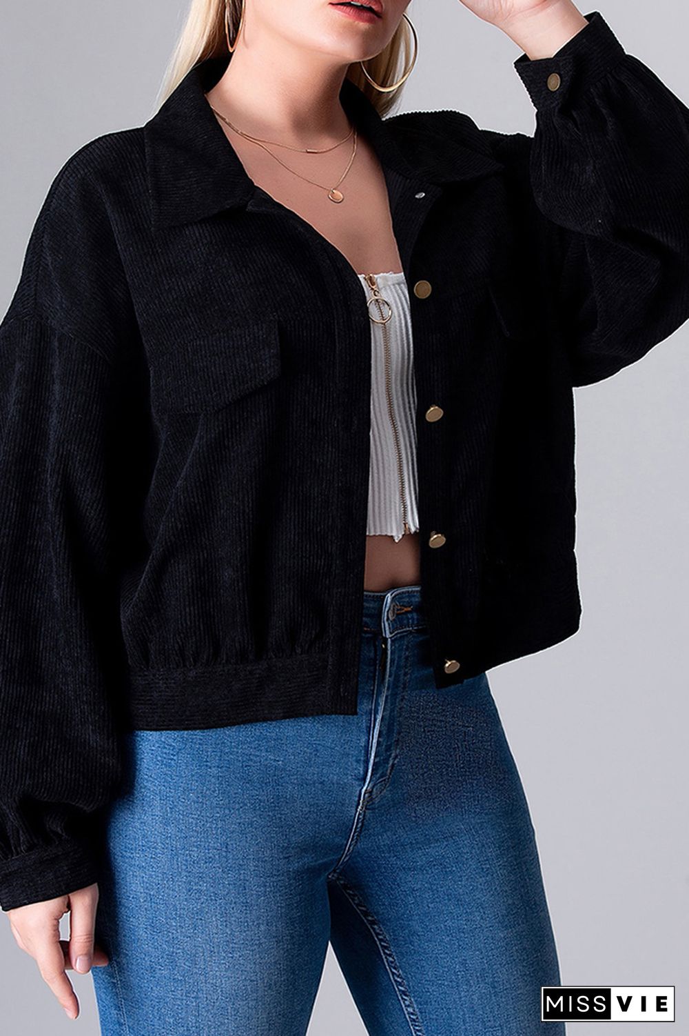 Plus Size Plain Button Short Jacket