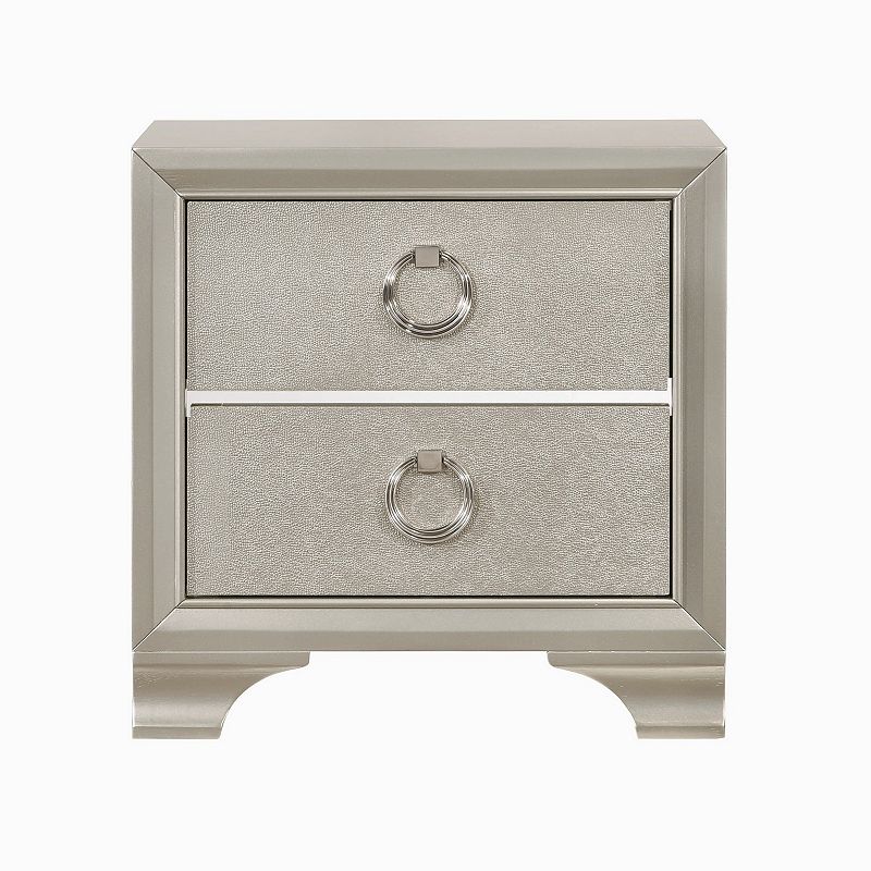 Two Drawers Wooden Nightstand with Oversized Ring Handles， Silver