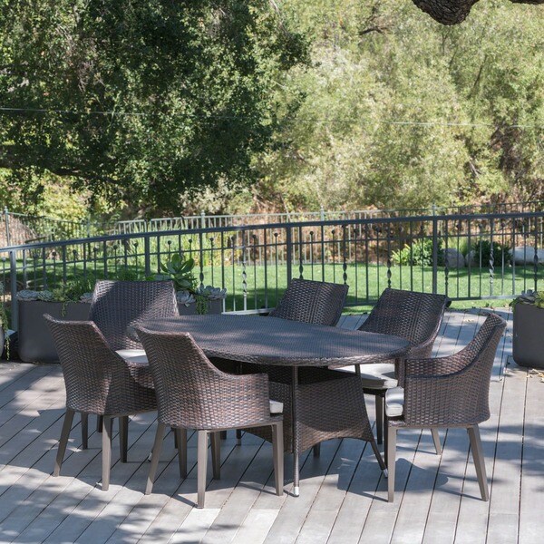 Hillhurst Outdoor 7piece Oval Wicker Dining Set with Cushions by Christopher Knight Home