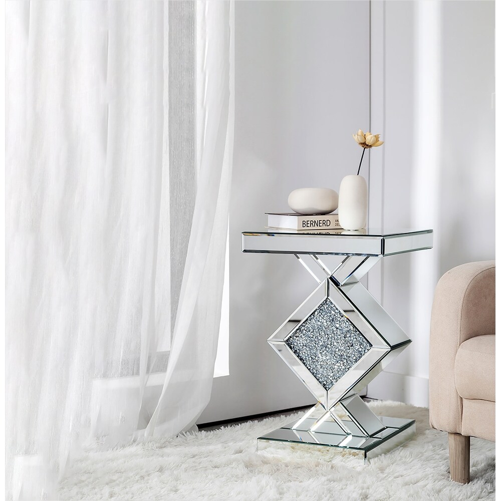 Rectangular Mirrored Glass End Table Modern Silver Accent Table