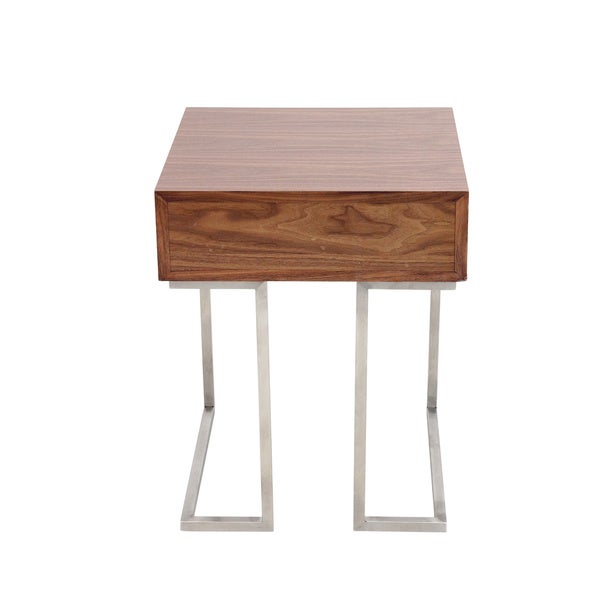 Carson Carrington Siuntio Roman Contemporary Walnut Wood and Stainless Steel End Table with Drawer