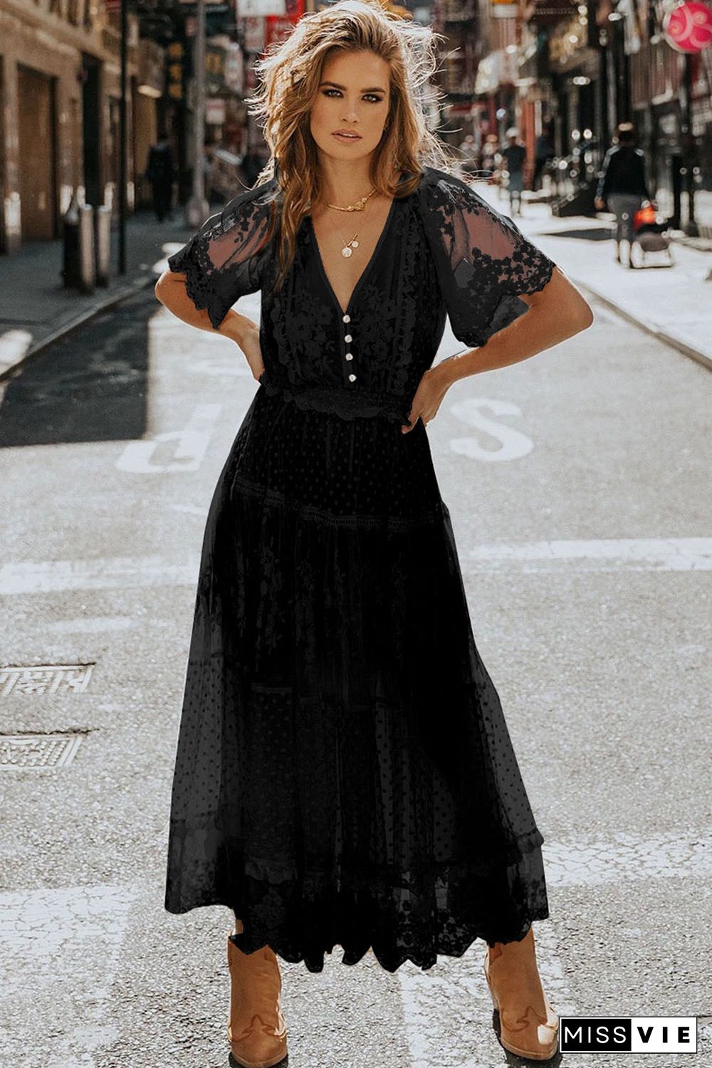 Black Luminous Dawn Lace Gown