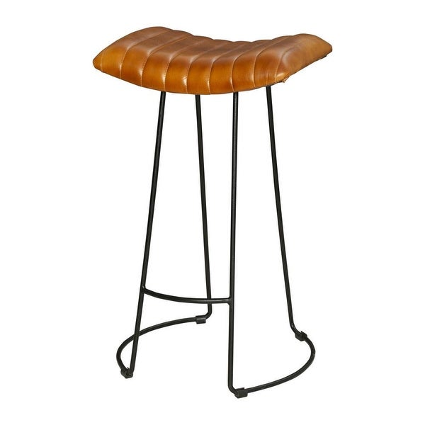 Industrial Barstool with Curved Leatherette Seat and Tubular Frame， Tan Brown and Black - 18 L X 18 W X 30 H Inches