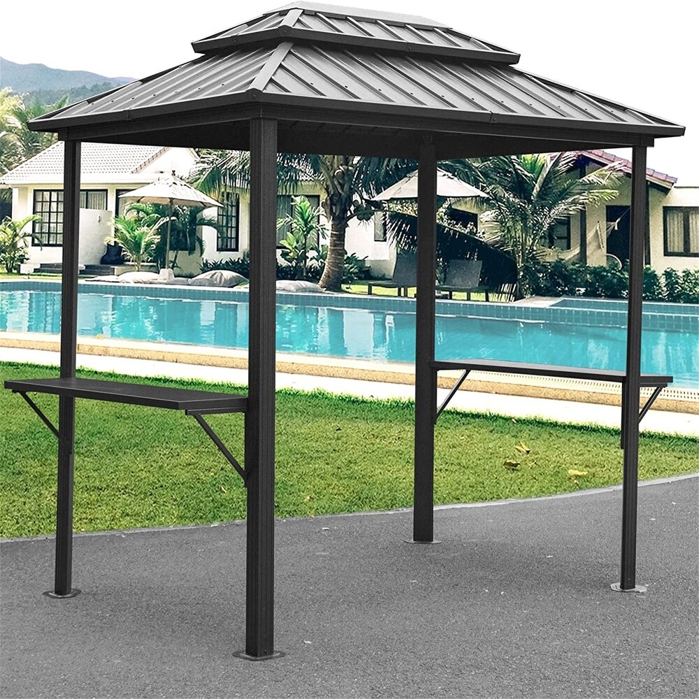 8'×6' Outdoor Metal Fram Aluminum BBQ Gazebo with Shelves Serving Tables