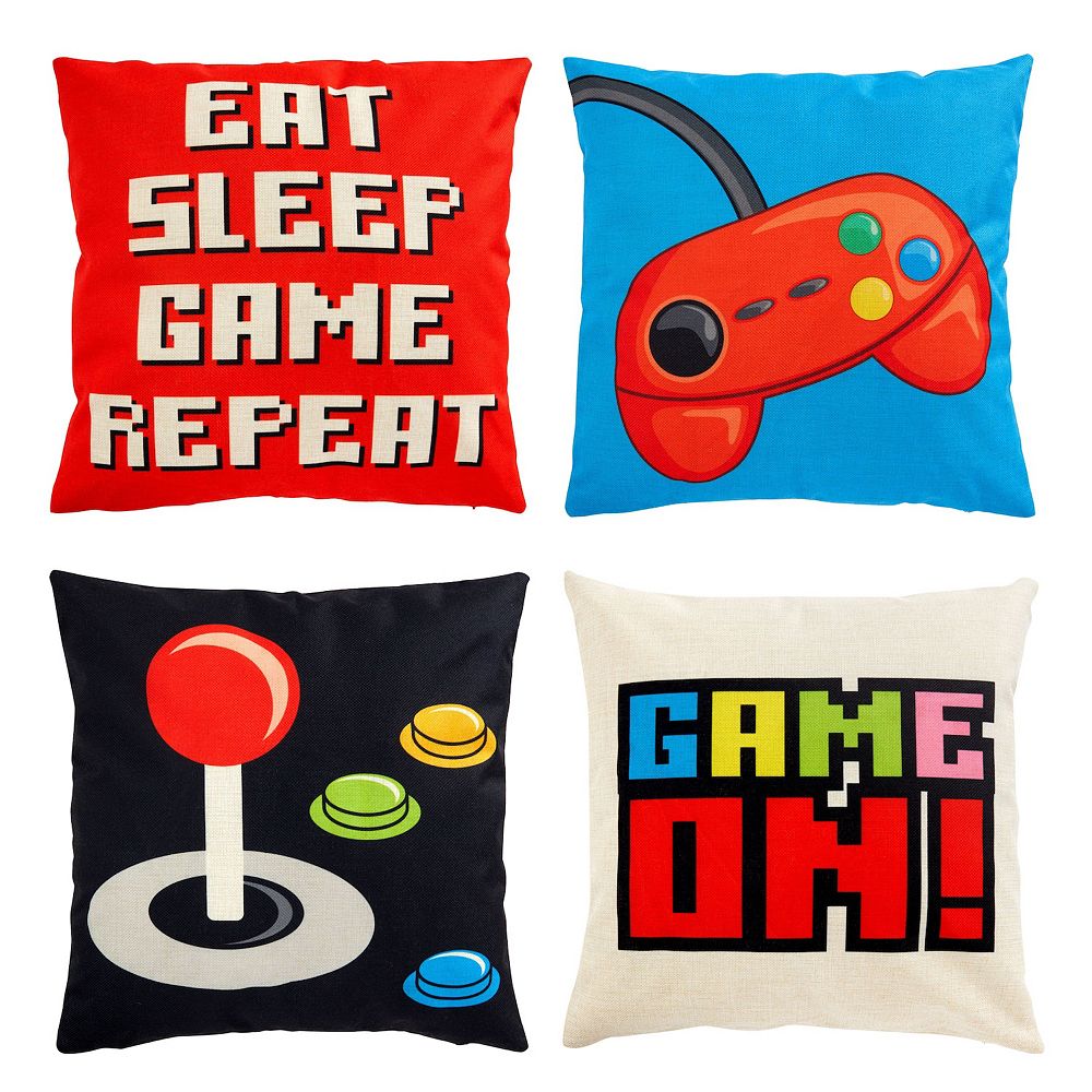 4 Pack Decorative Gaming Themed Kids Throw Pillow Cover， 4 Designs (18 x 18 in)