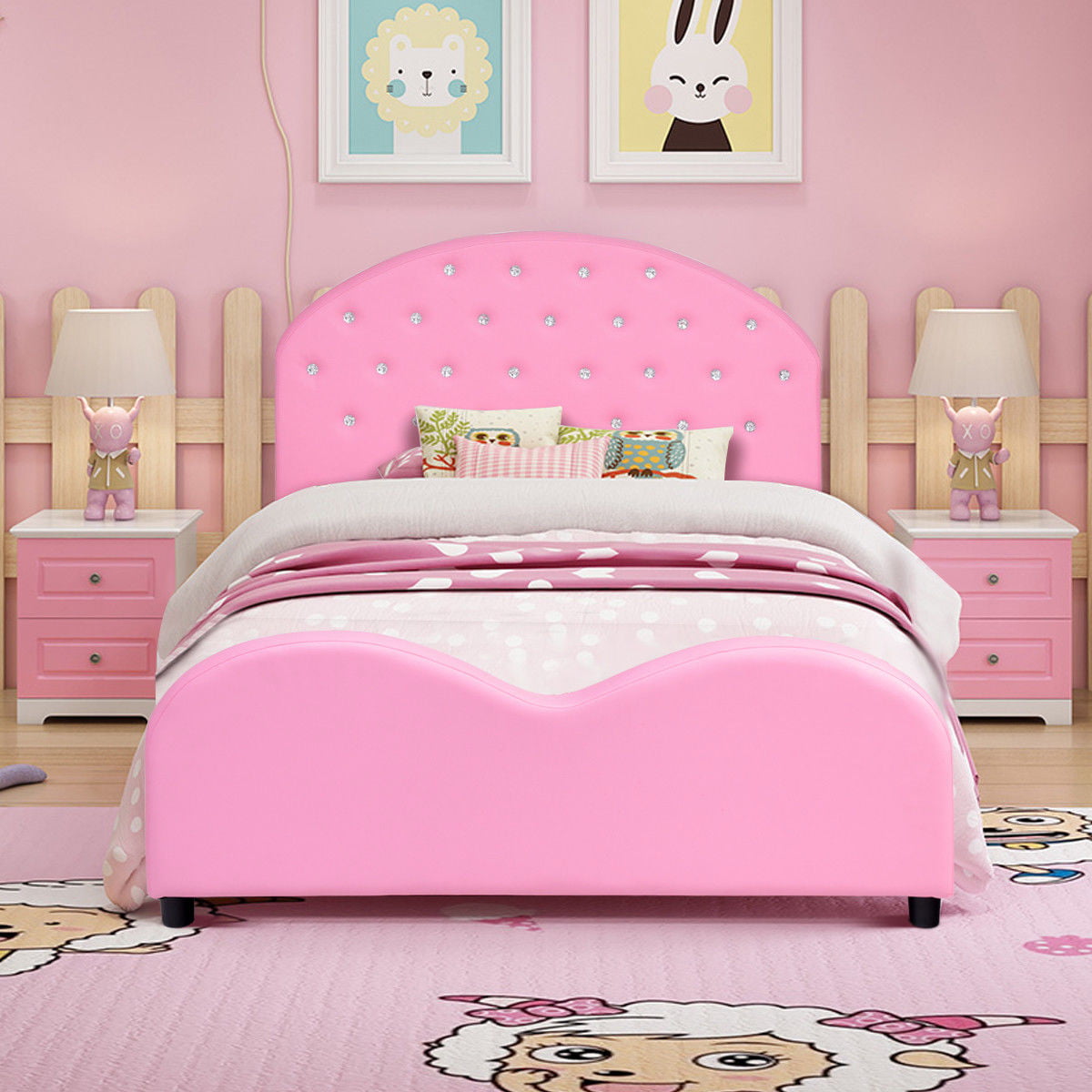 Costway Kids Children PU Upholstered Platform Wooden Princess Bed Bedroom Furniture Pink