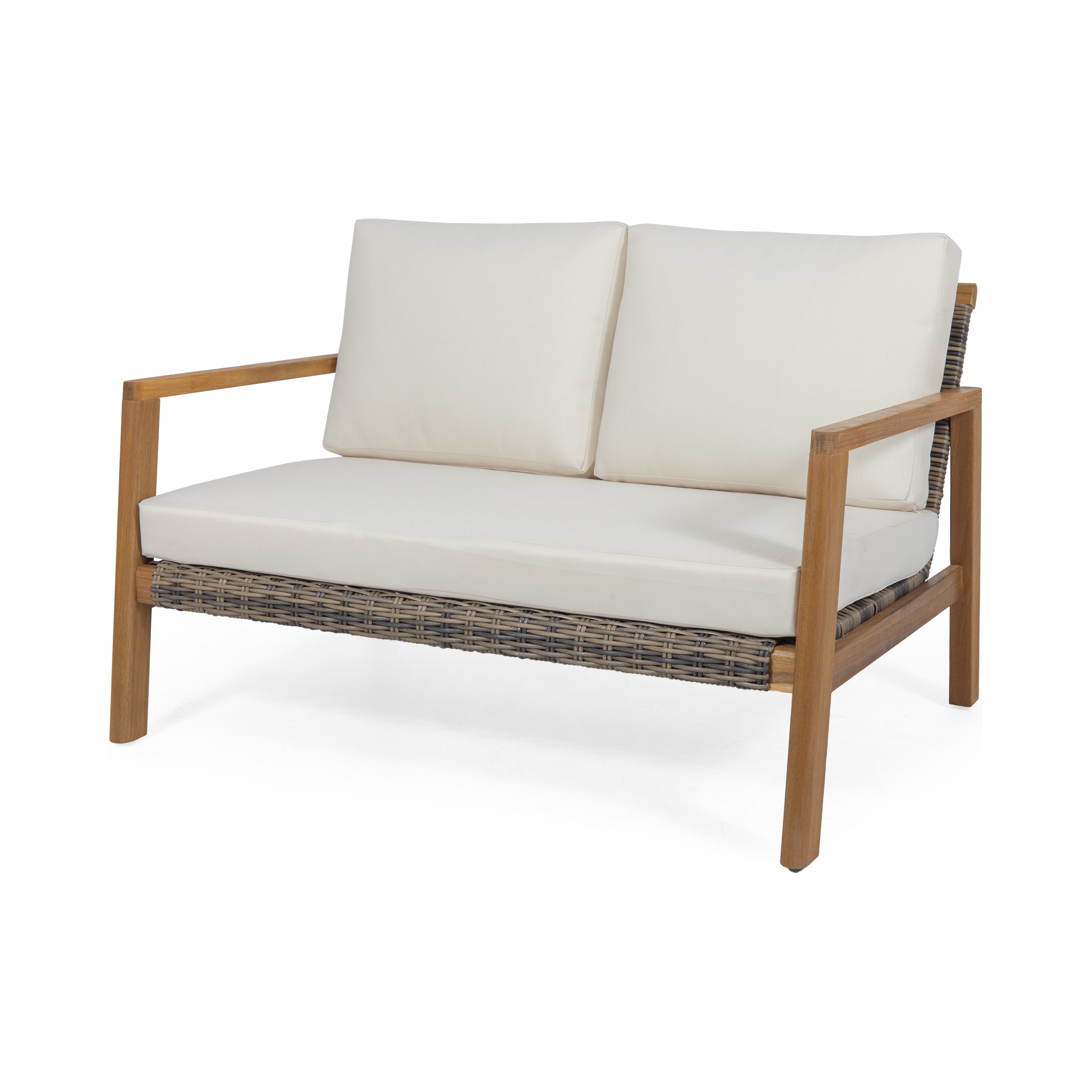 Kedan Outdoor Acacia Wood Loveseat with Wicker Accents