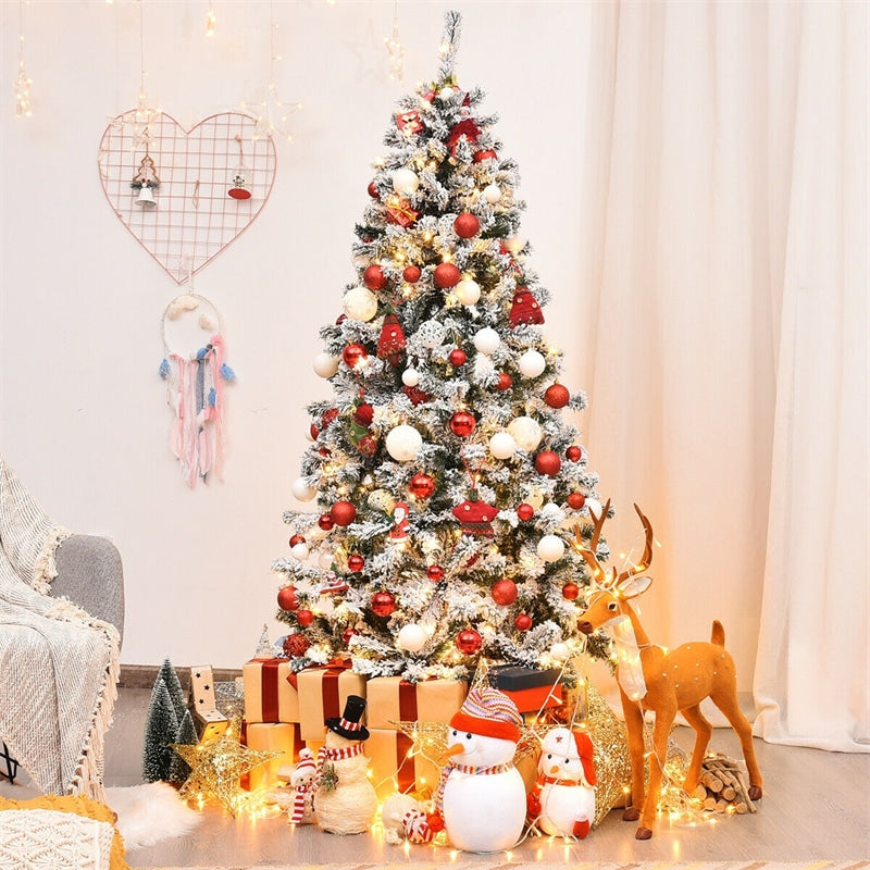 6/7.5/9FT Pre-Lit Hinged Artificial Christmas Tree, Premium PVC Snow Flocked Pine Tree with Metal Stand