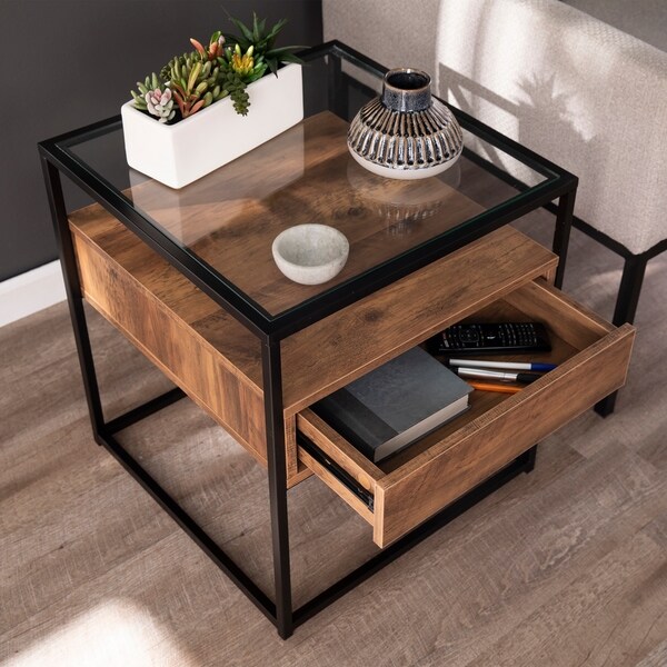 SEI Furniture Ottone Industrial Brown Wood Side Table