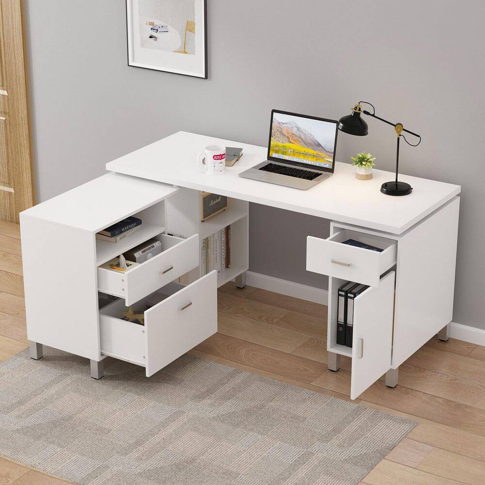 FUFUGAGA 59.1 in. L-Shaped White Wood Home Office Writing Desk with Reversible Hutch Cabinet Workstation with Drawers  Shelves KF210174-012-cc