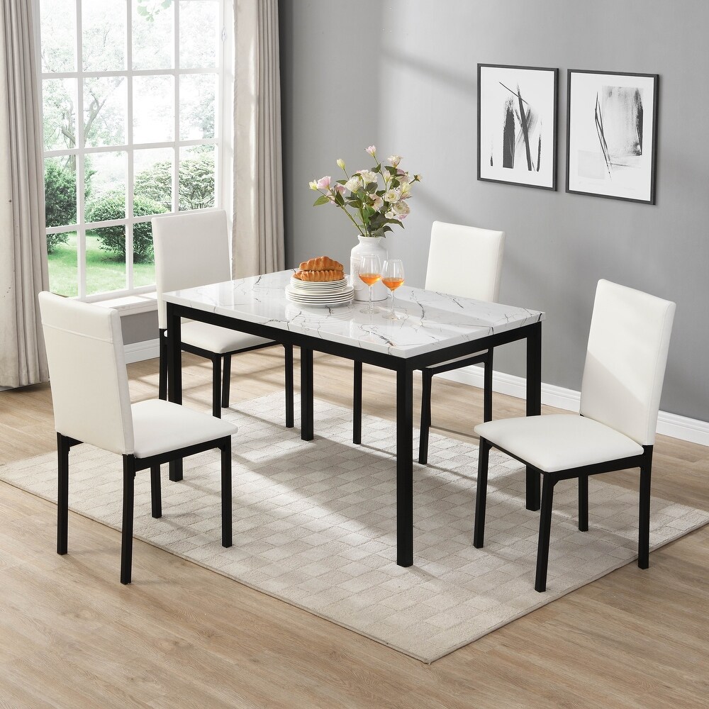 5pc Dining Set  Faux Marble Top Table and 4x Side Chais  Metal Frame Dining Furniture