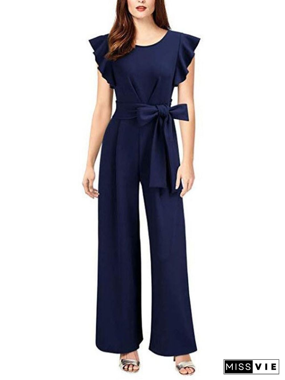 Wide Leg One-piece Pants European and American Women's Dress Ruffle Sleeve Bandage Casual One-piece Pants