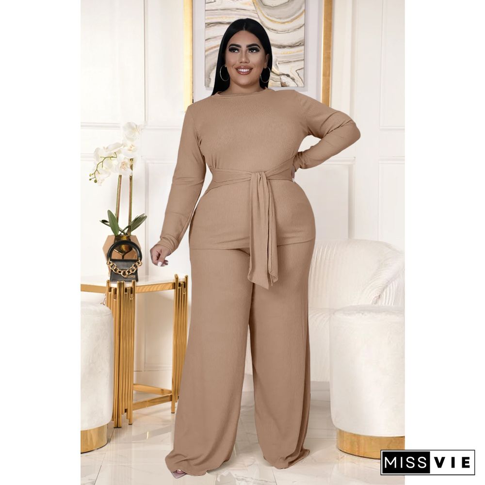 Knitted Bandage T Shirt Wide Leg Pants Plus Size Set