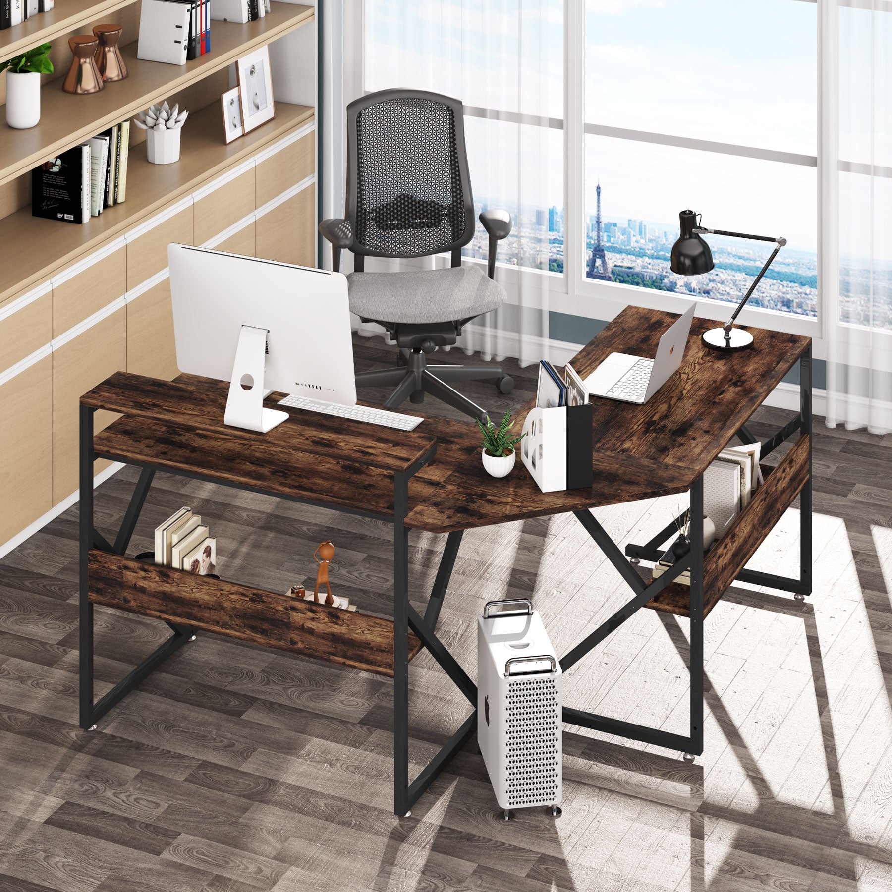 Industrial L-Shaped Desk, 63 inch Corner Computer Desk with Shelves