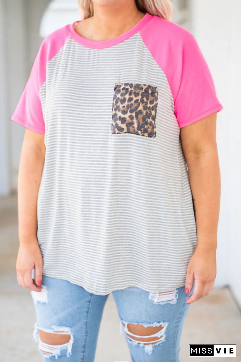 Stripe Leopard Patch Pocket Plus Size Raglan Sleeve Tee