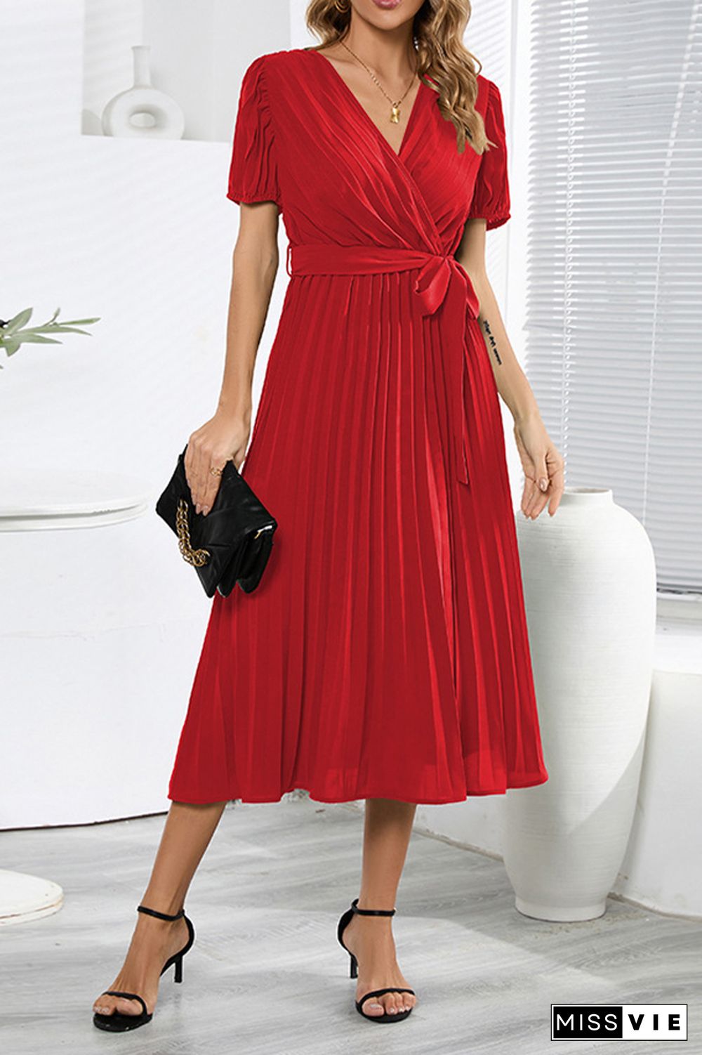 Plain Wrap V Neck Pleated Midi Dress With Sash