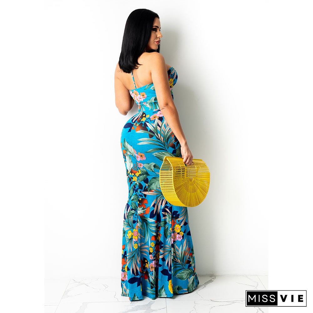 Elegant Summer Clothing Floral Print Sleeveless Halter Backless Bodycon Beach Party Maxi Dresses