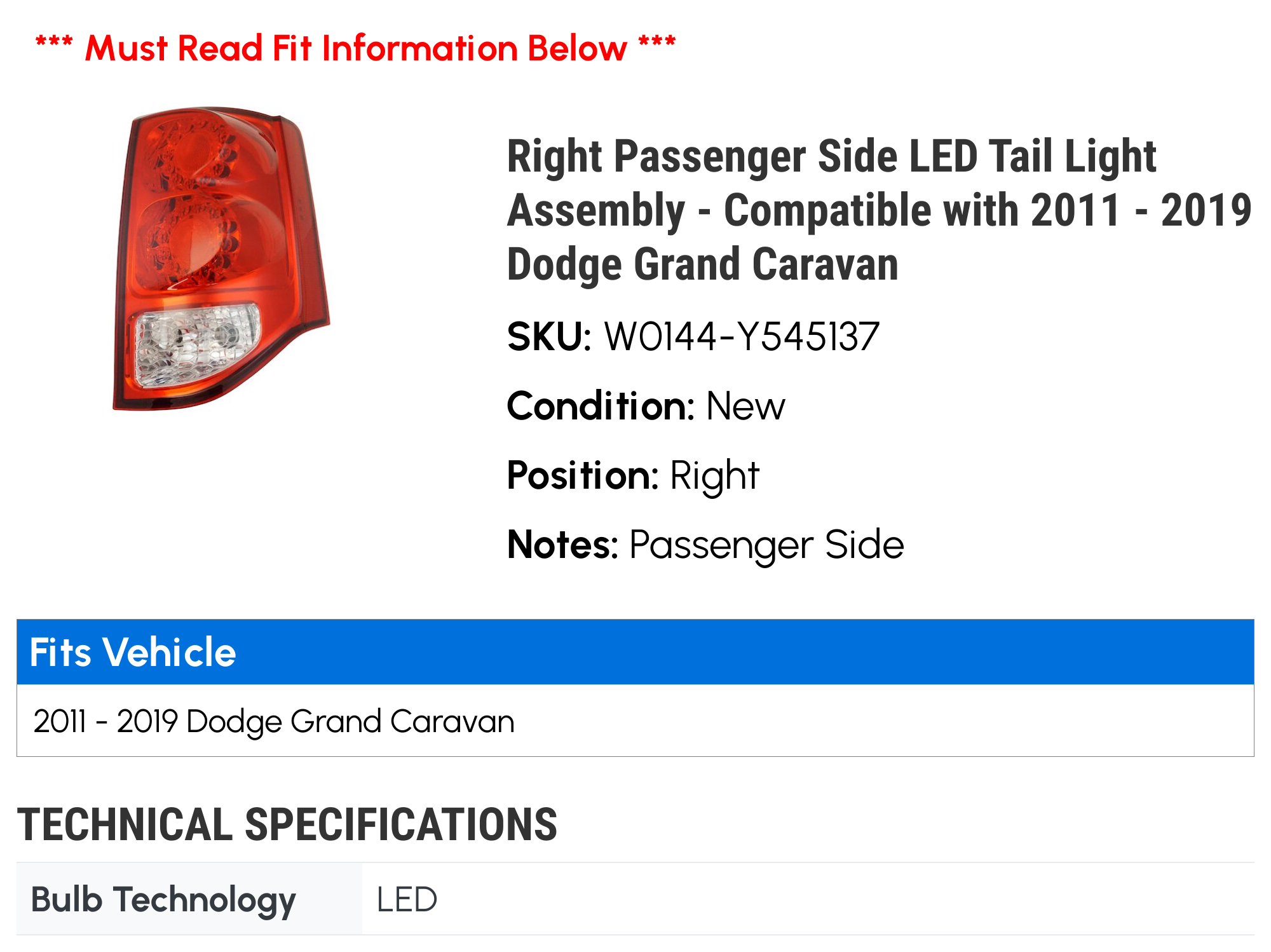 Right Passenger Side LED Tail Light Assembly - Compatible with 2011 - 2019 Dodge Grand Caravan 2012 2013 2014 2015 2016 2017 2018