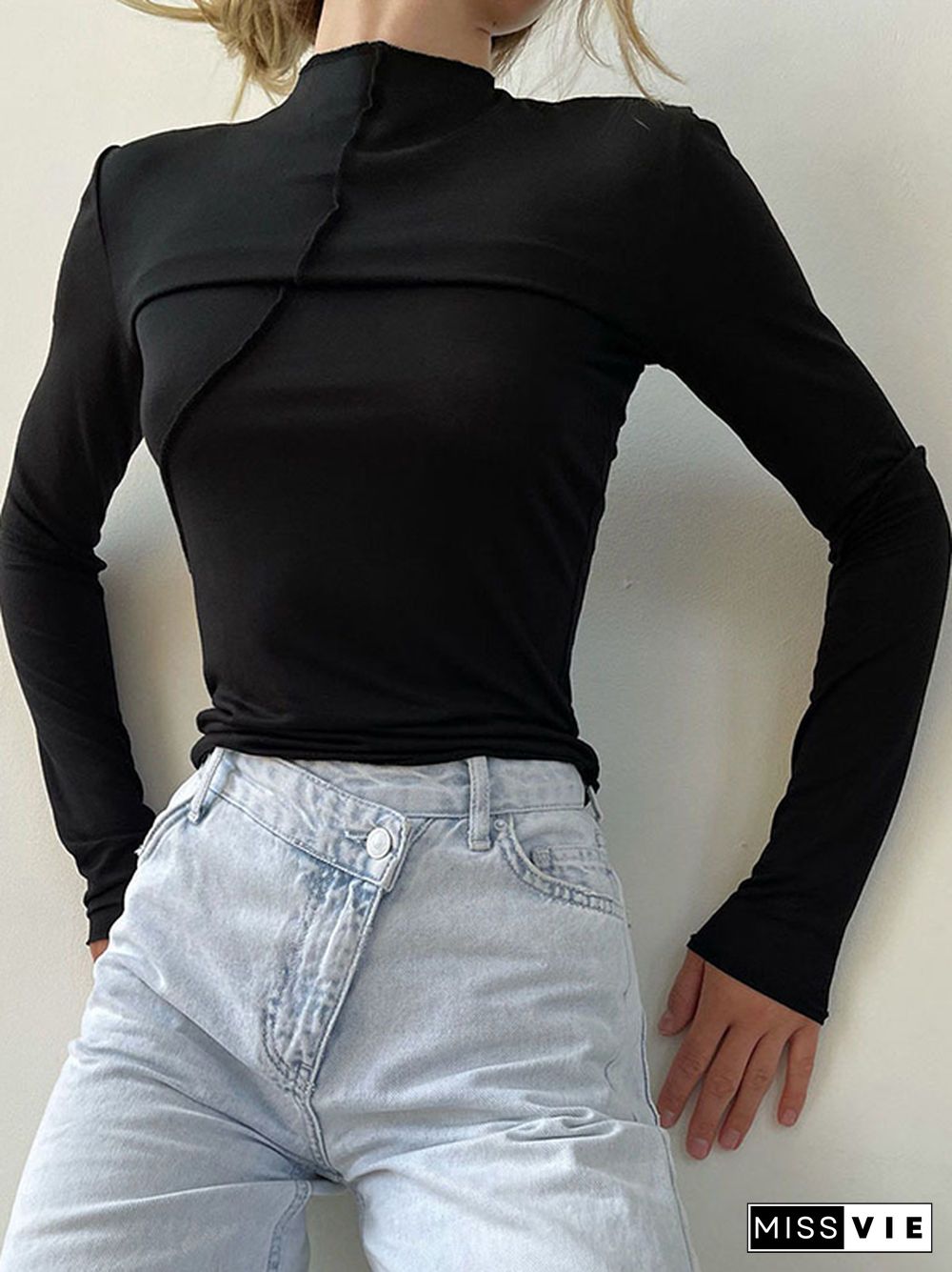 Long Sleeves Skinny Asymmetric Solid Color Mock Neck T-Shirts Tops