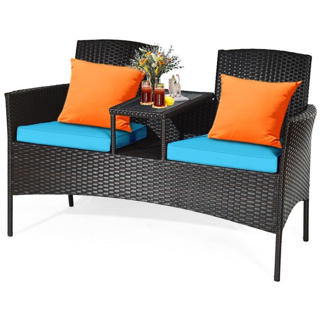 Tangkula Outdoor Patio Rattan Wicker Conversation Set Loveseat Sofa With Coffee Table