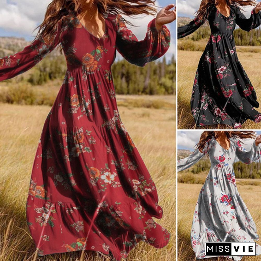 Zanze Women Crew Neck Long Sleeve Floral Print Muslim Dress Maxi Dress Plus Size Baggy Oversize Swing Party Dresses