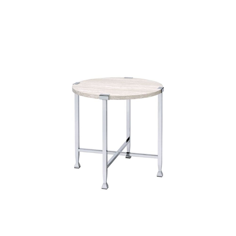 Coffee Table， White Oak andChrome Round End Table NO Storage Wooden Top， Metal Frame Leg with X-Shape Support Wooden Top