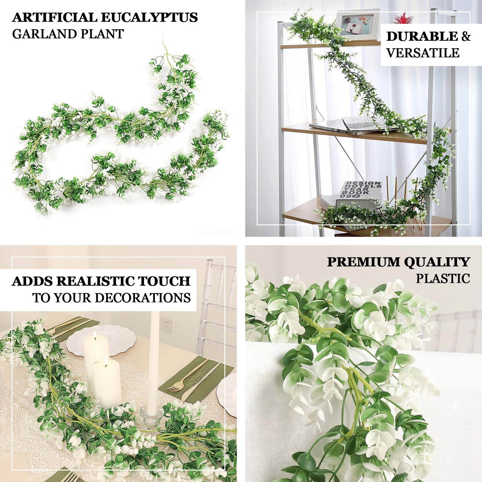 White / Green Artificial Eucalyptus Leaf Table Garland, Real Touch Hanging Greenery Vine 6ft