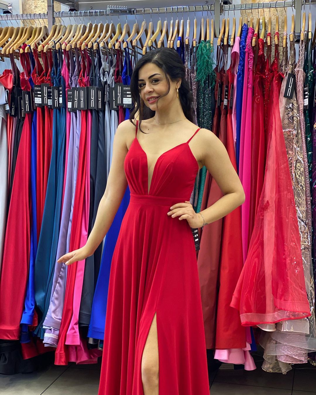 Red Spaghetti-Straps Slit Prom Dress Long On Sale