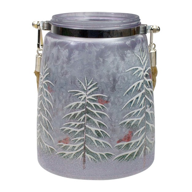 Hand painted Pine Trees And Cardinals Flameless Glass Christmas Candle Holder