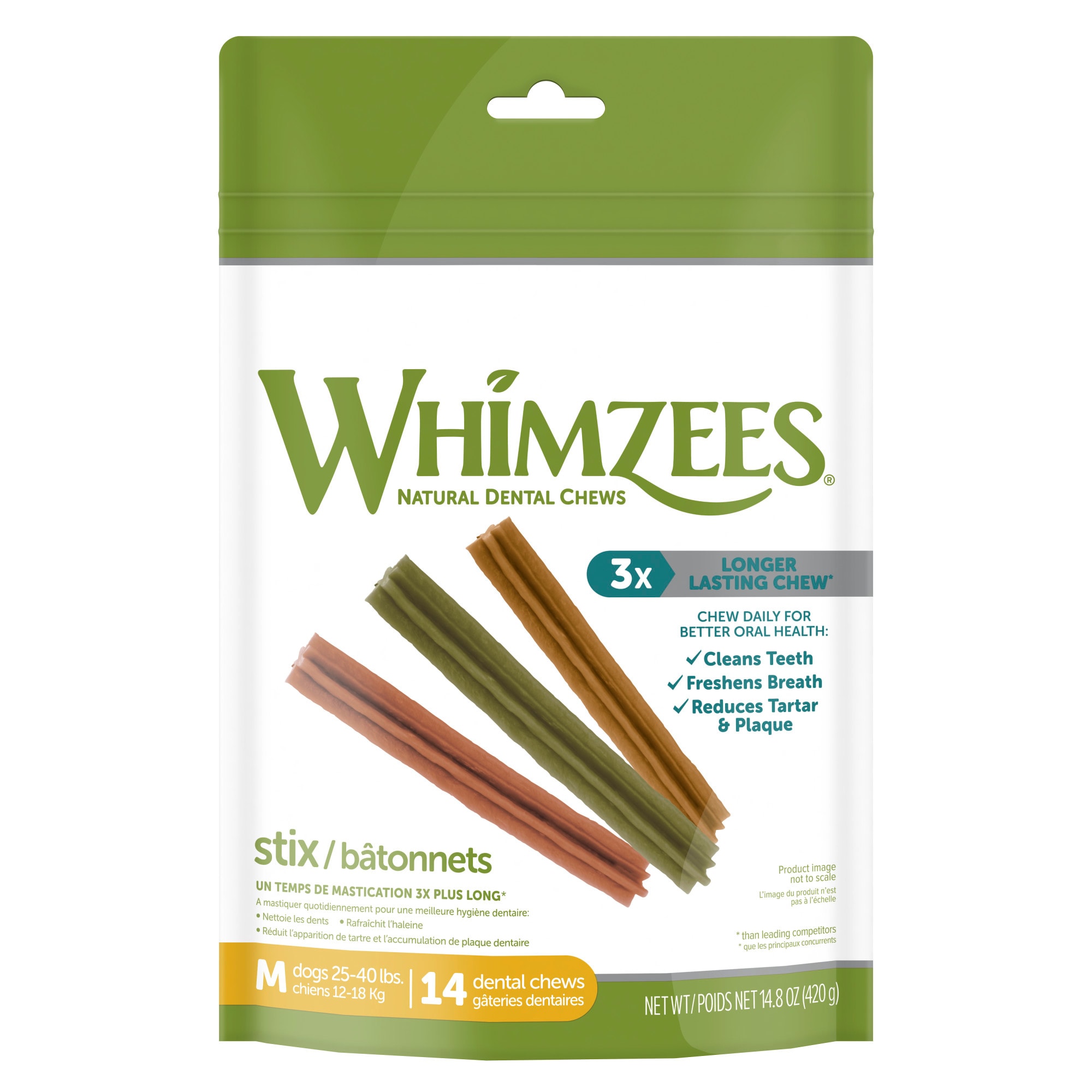 Whimzees Natural Grain Free Daily Dental Long Lasting Stix Medium Dog Treats， 14.8 oz.， Pack of 14