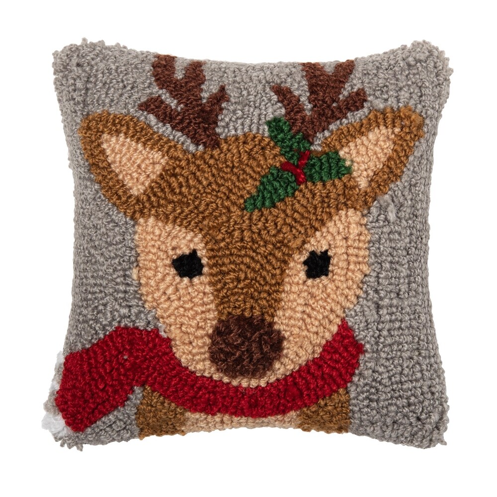 Woodland Reindeer Hooked Pillow   Gray