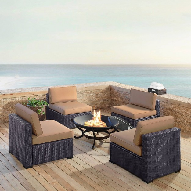 Biscayne 5pc Outdoor Wicker Conversation Set With 4 Armless Chairs amp Fire Pit Mocha Crosley