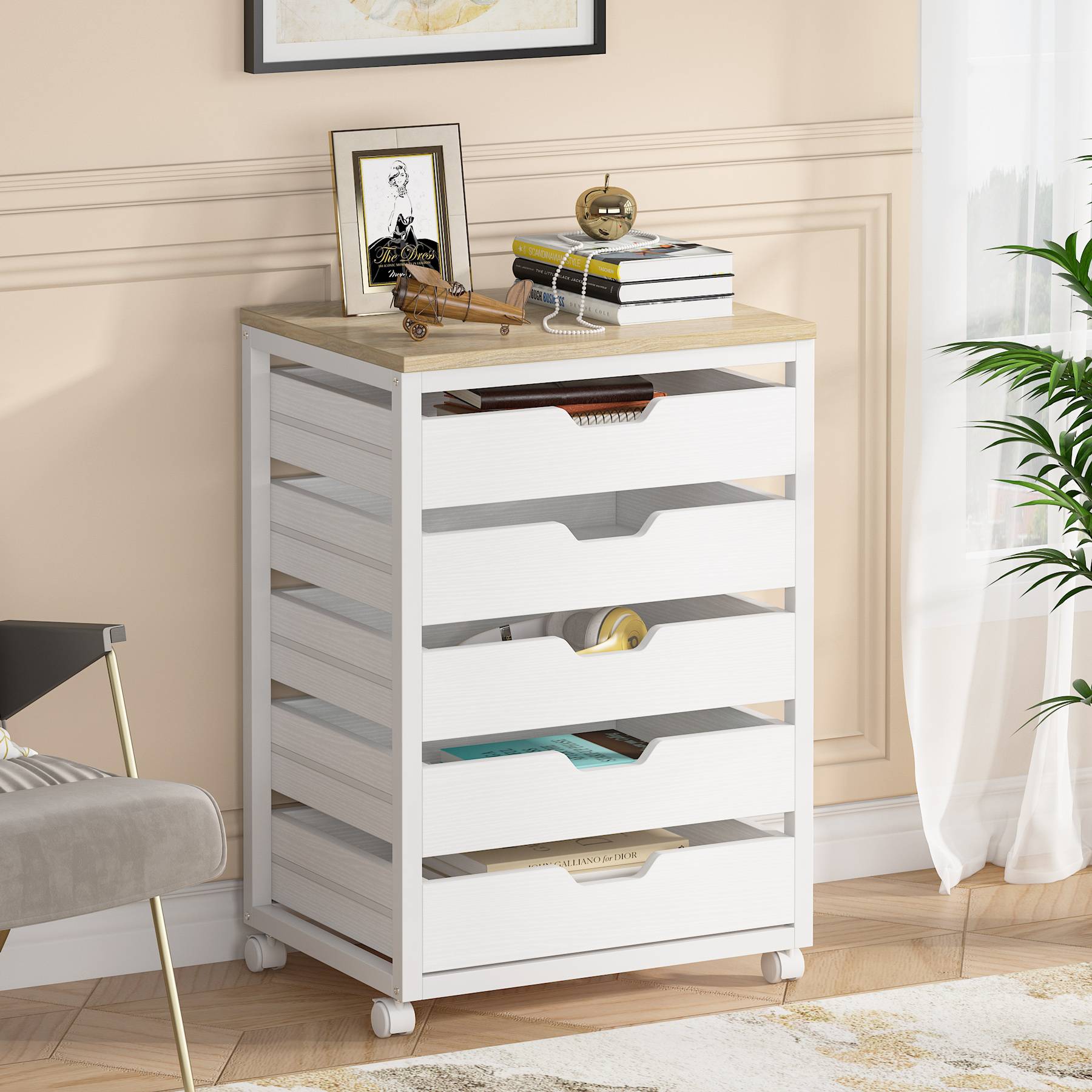 5/7 Drawer Chest, Wood Storage Dresser Cabinet with Wheels