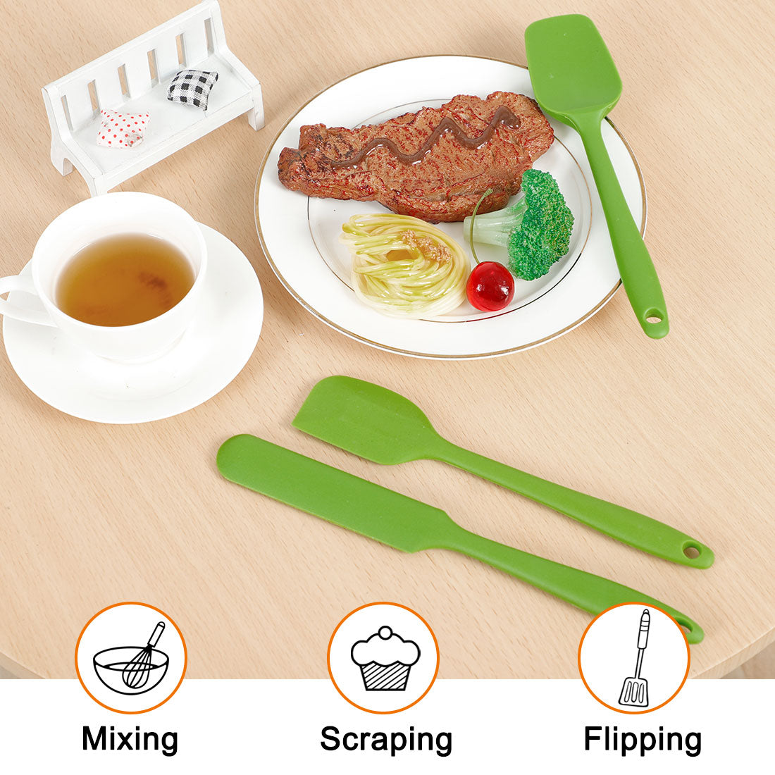 Kitchen Cooking Silicone Spatula Set Heat Resistant Scraping Baking Utensils Green 3 Pieces