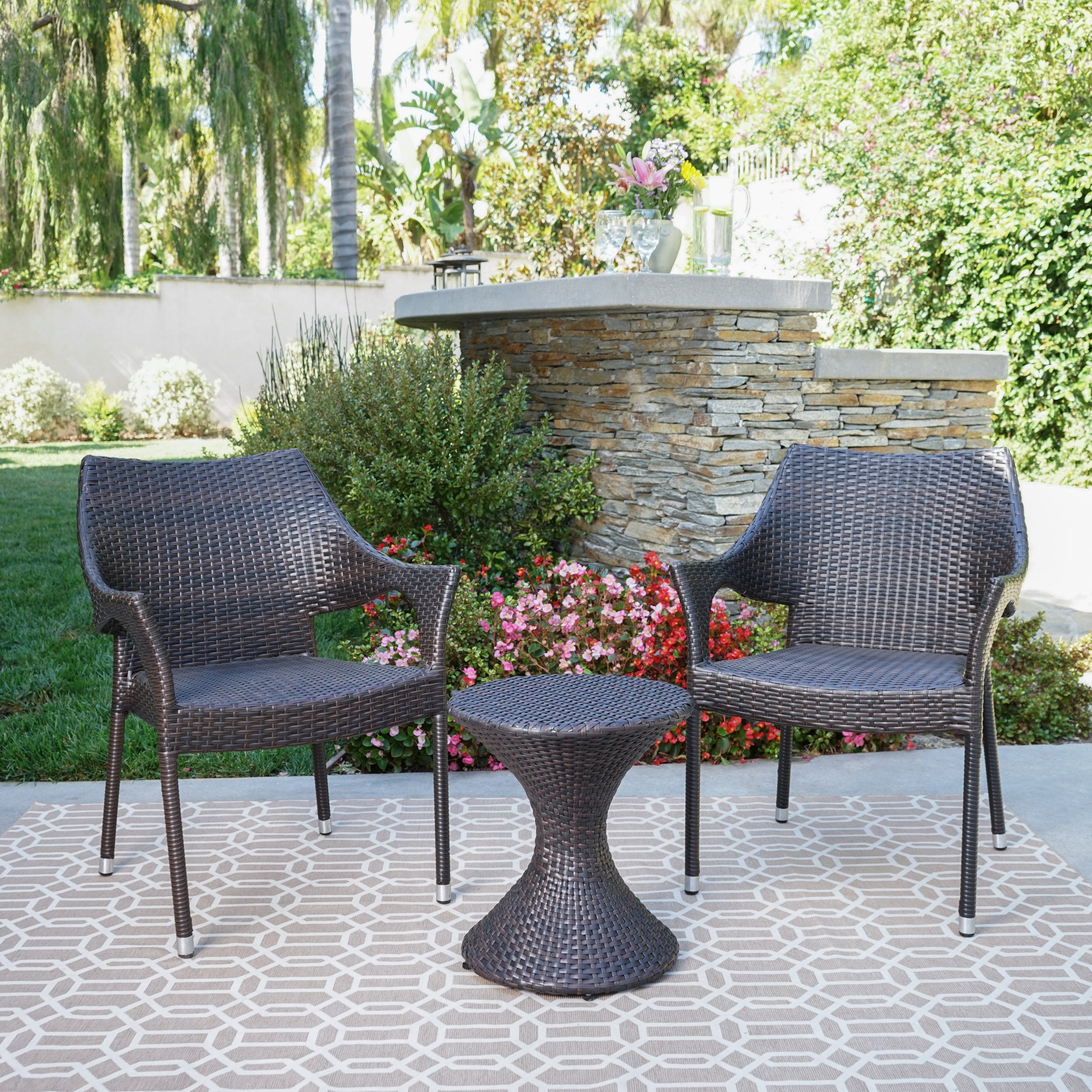 Axelrod Outdoor 3 Piece Multi-Brown Wicker Chat Set with Stacking Chairs