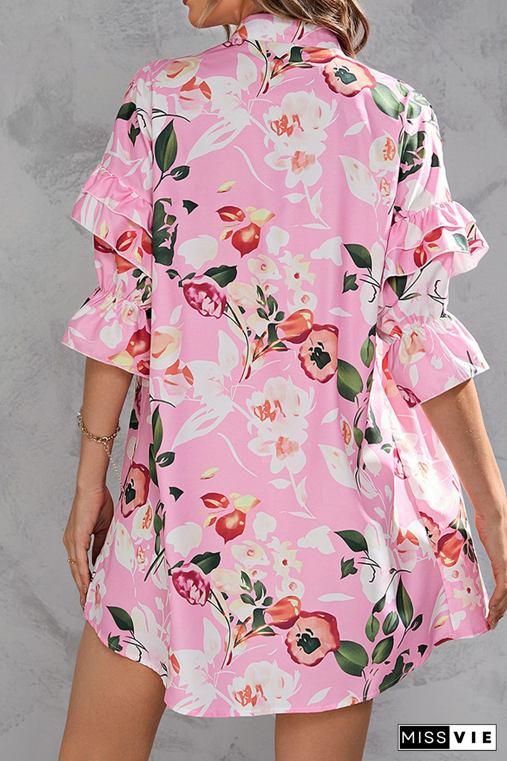 Half Sleeves Floral Button Up SHirt Dress