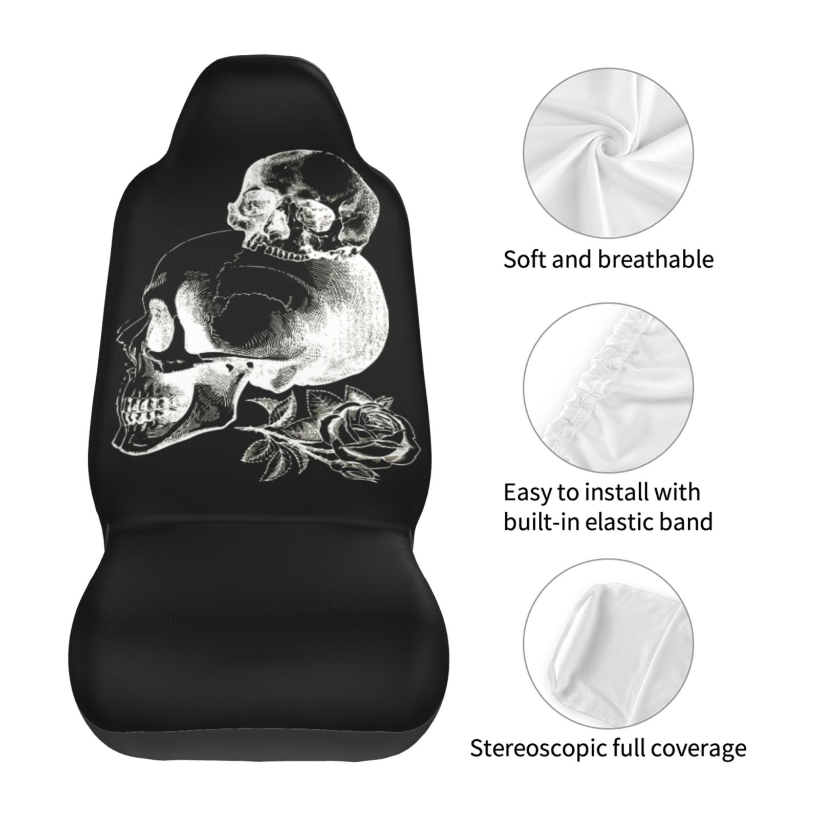 TEQUAN Front Seat Covers， Death Skeleton Skull Rose Pattern 2 Piece Car Seat Cover Fit Most Car SUV Truck Van